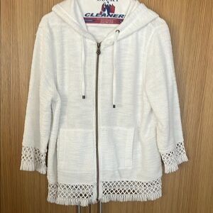 White Hooded Zip Cardigan with Crochet Trim